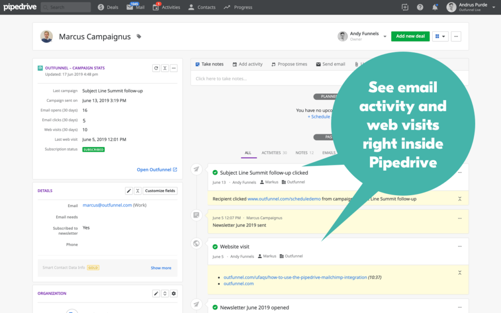 See email open and click activity right inside Pipedrive