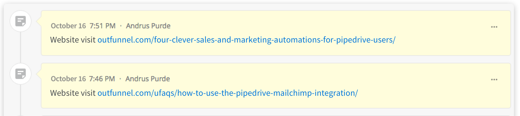 Outfunnel's web tracking feature sends information to Pipedrive