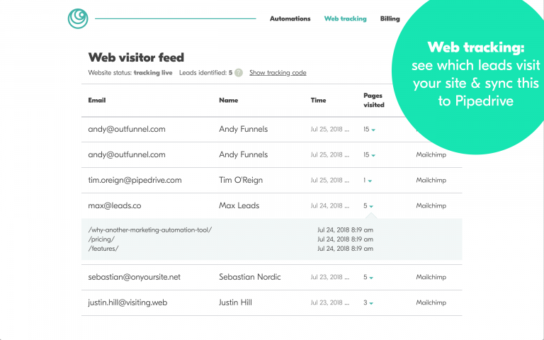 Web visitor tracking with Outfunnel