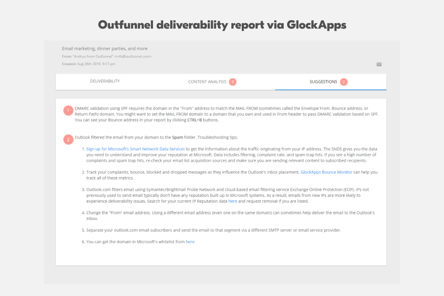 Outfunnel email deliverability report