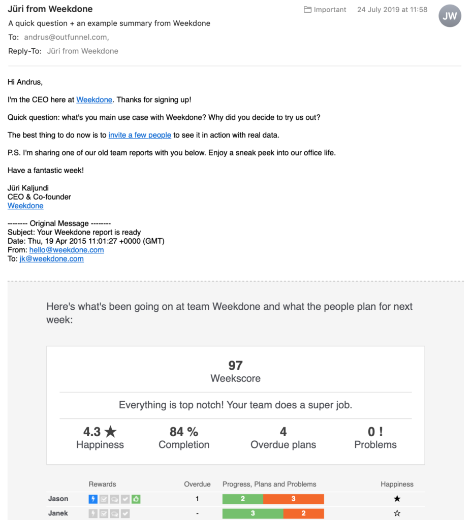 weekdone onboarding email example