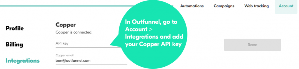Where to add your Copper API key and setup copper email marketing integration