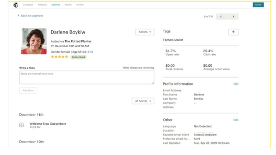 mailchimp CRM - screenshot of customer profile inside mailchimp CRM