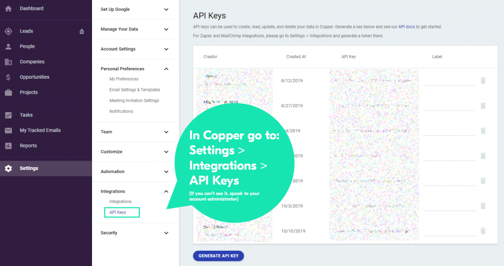 How to find you your Copper API key and setup copper email marketing integration