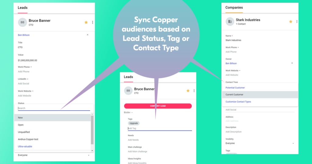 Choosing your Copper audience in Outfunnel - lead status, tag and contact type