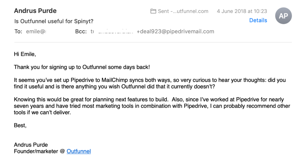 Pre-onboarding automation: an example of a manual feedback email sent out to new Outfunnel customers