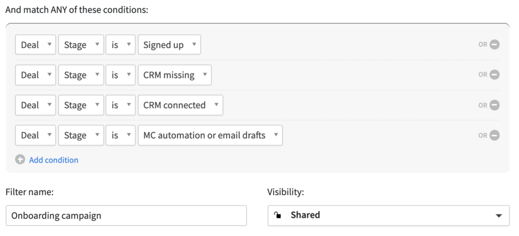 Screenshot of filter settings in Pipedrive