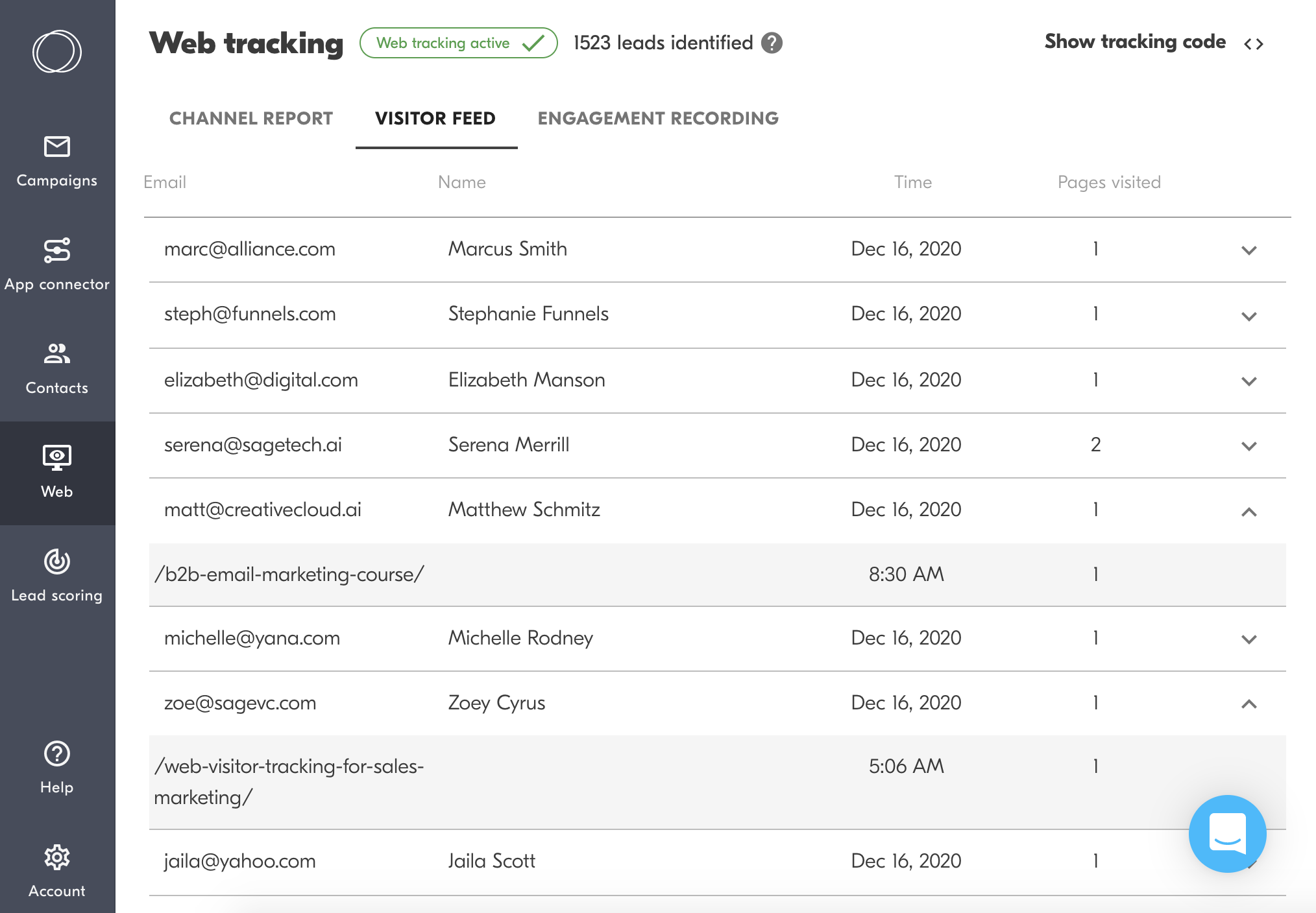 outfunnel web tracking visitor feed