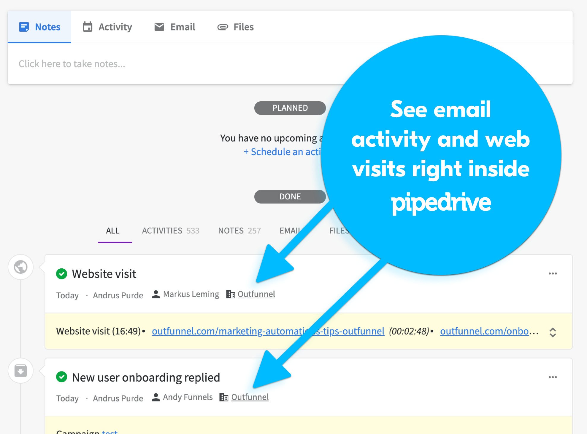 email engagement and web visits in pipedrive