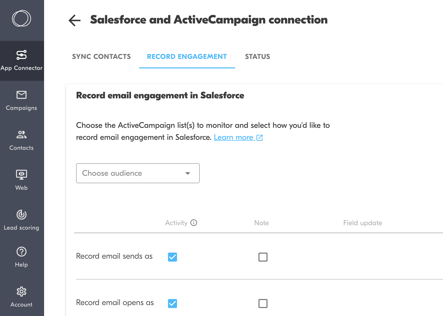 record activecampaign email engagement in salesforce