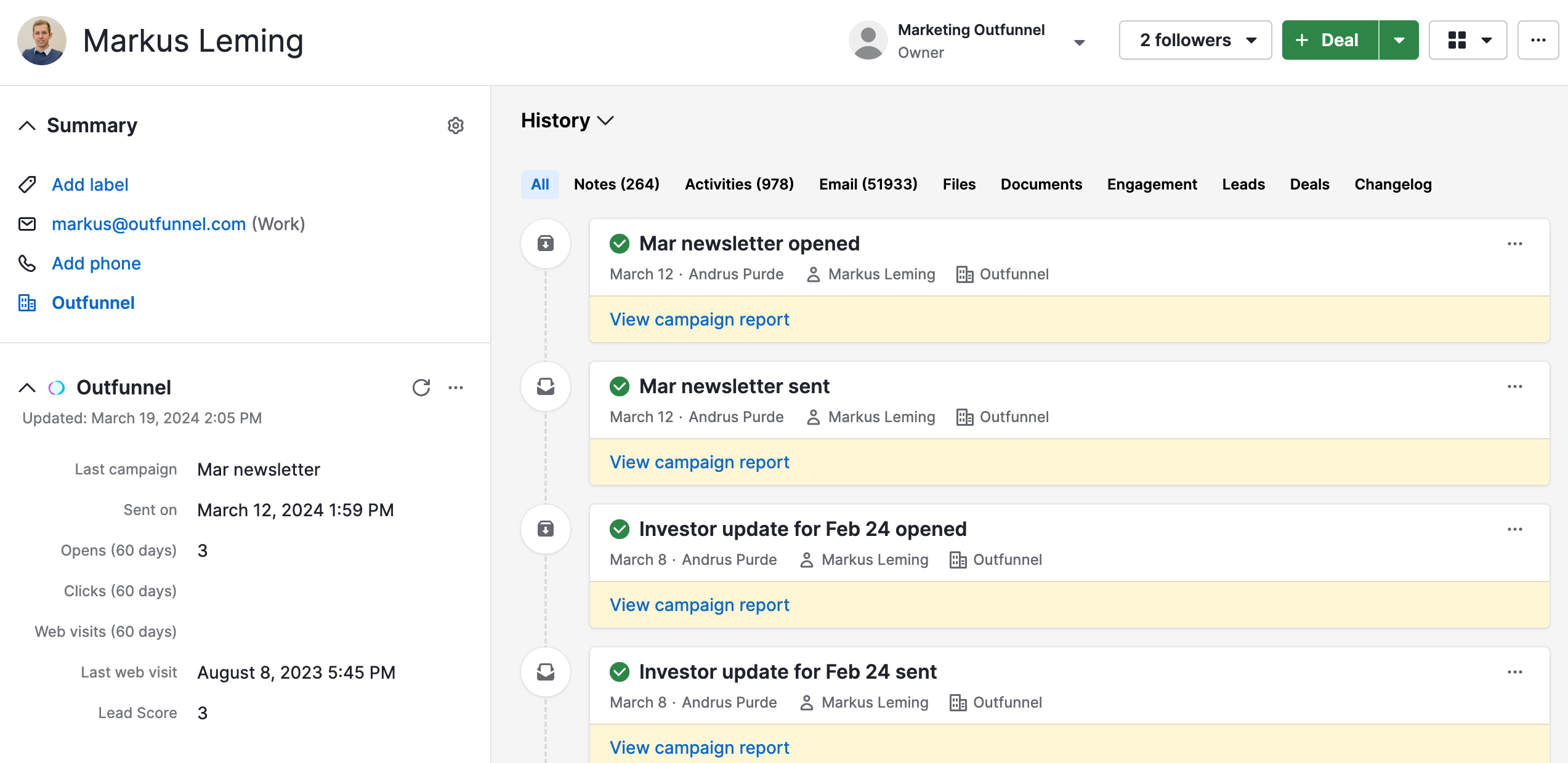 record email engagement in Pipedrive