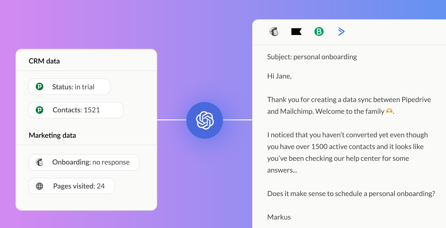 Personalize email sync contacts between crm and marketing tools